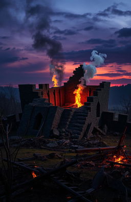 A dramatic scene featuring a fallen castle, its stone walls crumbled and lying scattered on the ground