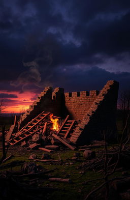 A dramatic scene featuring a fallen castle, its stone walls crumbled and lying scattered on the ground