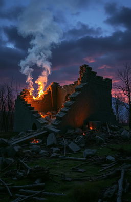A dramatic scene featuring a fallen castle, its stone walls crumbled and lying scattered on the ground