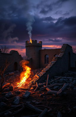 A dramatic scene featuring a fallen castle, its stone walls crumbled and lying scattered on the ground