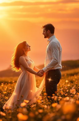 A romantic scene of two people in love, surrounded by a warm golden light