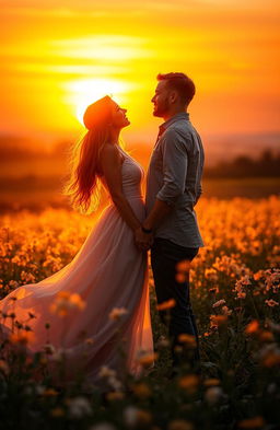 A romantic scene of two people in love, surrounded by a warm golden light