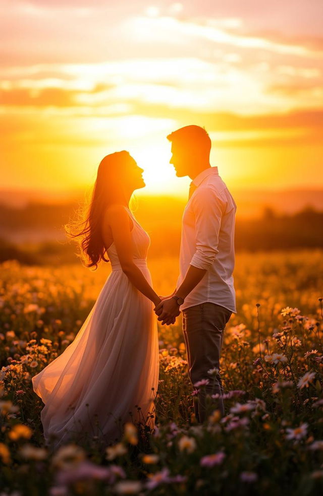 A romantic scene of two people in love, surrounded by a warm golden light