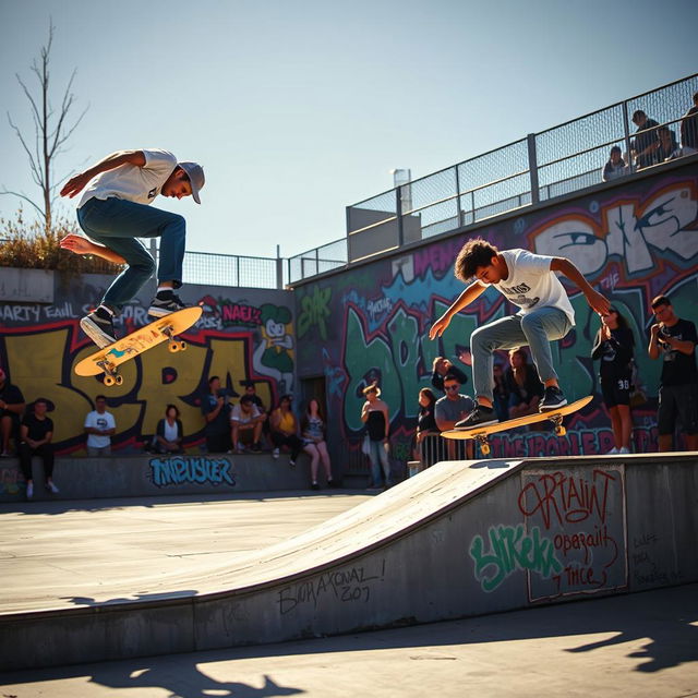 A vibrant scene showcasing two skaters performing tricks in a skate yard adorned with colorful graffiti art