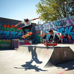 A vibrant scene showcasing two skaters performing tricks in a skate yard adorned with colorful graffiti art