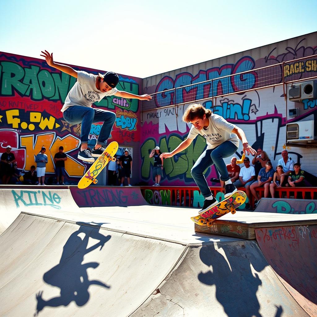 A vibrant scene showcasing two skaters performing tricks in a skate yard adorned with colorful graffiti art