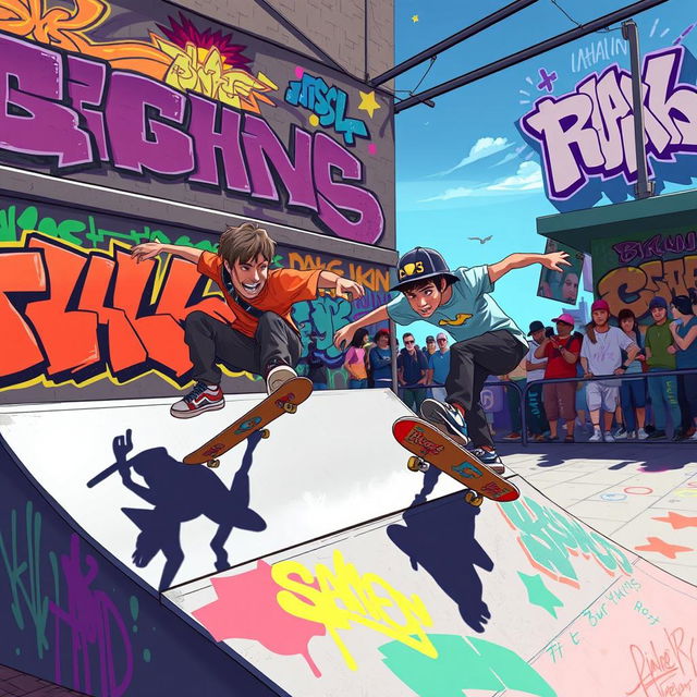 A dynamic and colorful scene capturing two skaters in a skate yard, depicted in a vibrant, game-style illustration