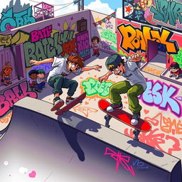 A dynamic and colorful scene capturing two skaters in a skate yard, depicted in a vibrant, game-style illustration