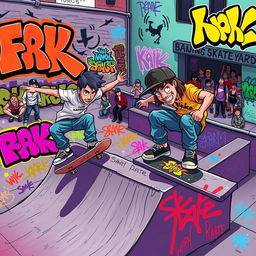 A dynamic and colorful scene capturing two skaters in a skate yard, depicted in a vibrant, game-style illustration