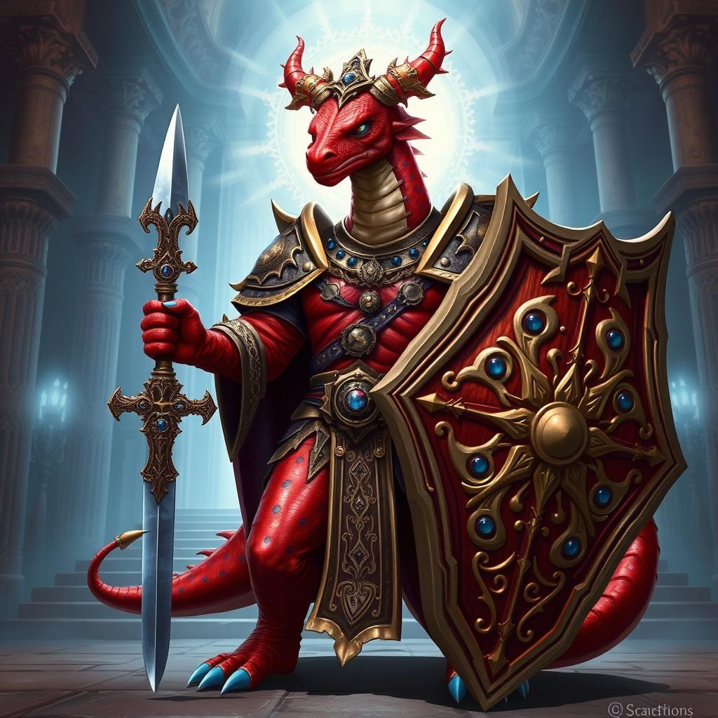 A red draconian character with blue spots, dressed in ornate cleric armor that reflects a blend of strength and faith