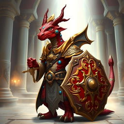 A red draconian character with blue spots, dressed in ornate cleric armor that reflects a blend of strength and faith
