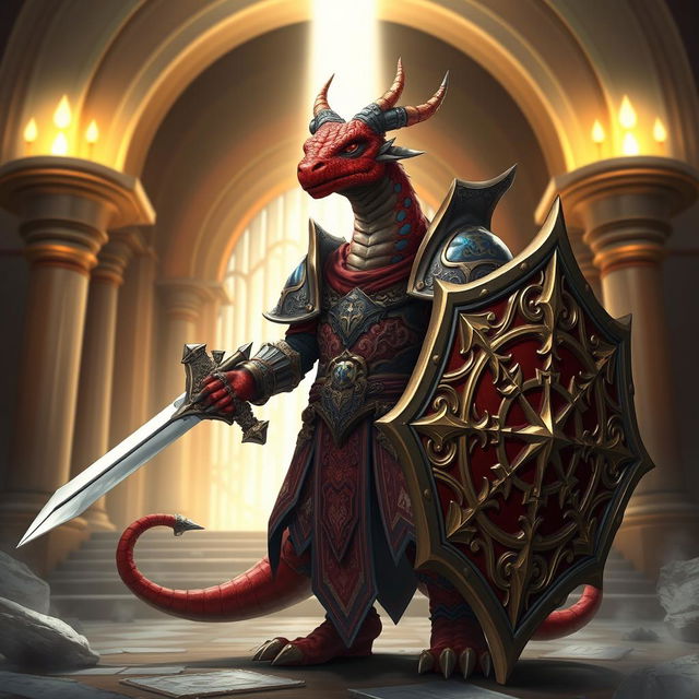 A red draconian character with blue spots, dressed in ornate cleric armor that reflects a blend of strength and faith