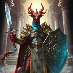 A red draconian character with blue spots, dressed in ornate cleric armor that reflects a blend of strength and faith