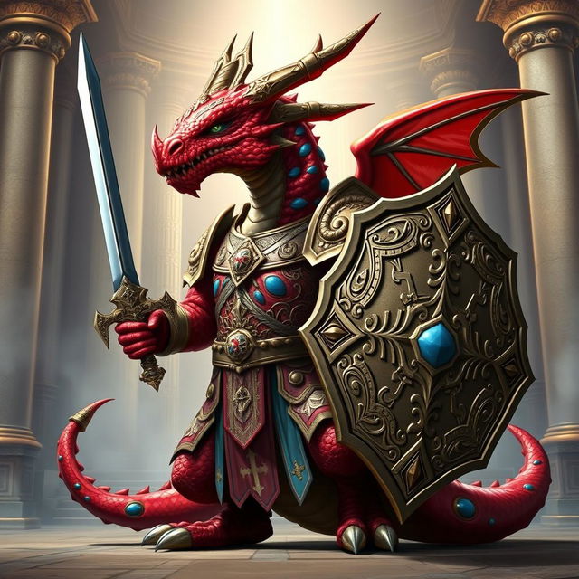 A striking red draconian with large blue spots, clad in ornate cleric armor that showcases a blend of divine protection and fierce strength