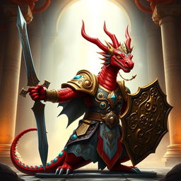 A striking red draconian with large blue spots, clad in ornate cleric armor that showcases a blend of divine protection and fierce strength
