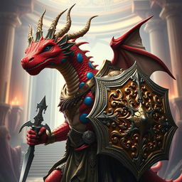 A striking red draconian with large blue spots, clad in ornate cleric armor that showcases a blend of divine protection and fierce strength