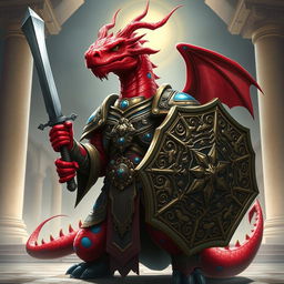 A striking red draconian with large blue spots, clad in ornate cleric armor that showcases a blend of divine protection and fierce strength