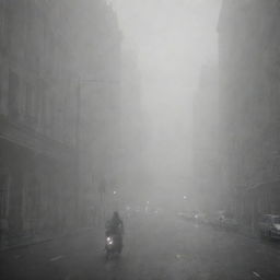 The thick fog engulfs the bustling cities, inciting fear among the populace. Streets that were once vibrant are now filled with anxious individuals looking to the fog-filled sky in dread, their expressions marked by trepidation.