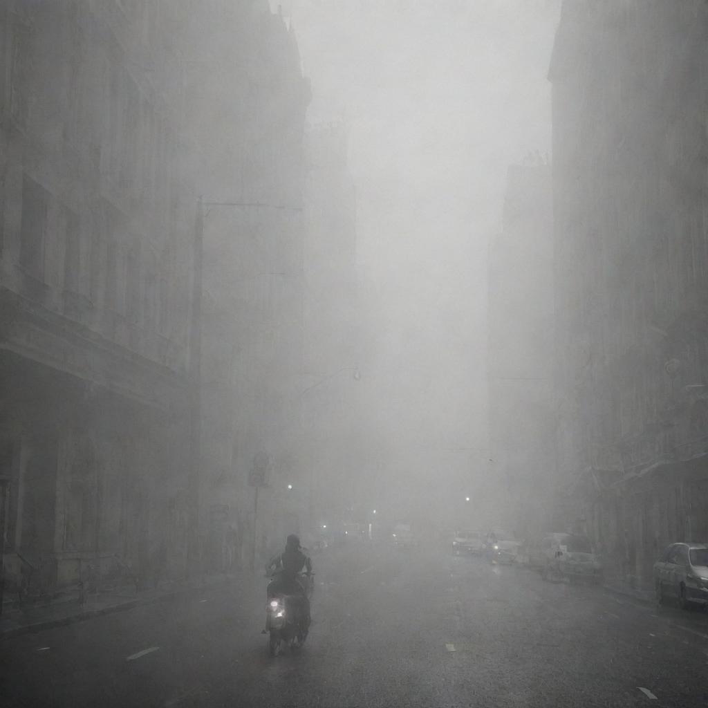 The thick fog engulfs the bustling cities, inciting fear among the populace. Streets that were once vibrant are now filled with anxious individuals looking to the fog-filled sky in dread, their expressions marked by trepidation.