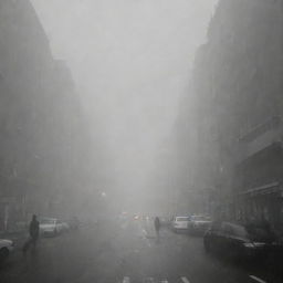 The thick fog engulfs the bustling cities, inciting fear among the populace. Streets that were once vibrant are now filled with anxious individuals looking to the fog-filled sky in dread, their expressions marked by trepidation.