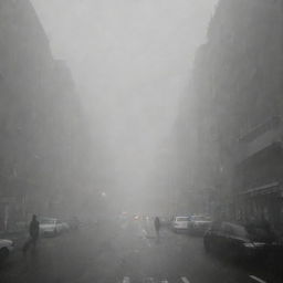 The thick fog engulfs the bustling cities, inciting fear among the populace. Streets that were once vibrant are now filled with anxious individuals looking to the fog-filled sky in dread, their expressions marked by trepidation.