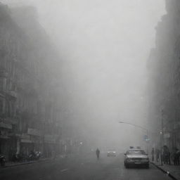 The thick fog engulfs the bustling cities, inciting fear among the populace. Streets that were once vibrant are now filled with anxious individuals looking to the fog-filled sky in dread, their expressions marked by trepidation.