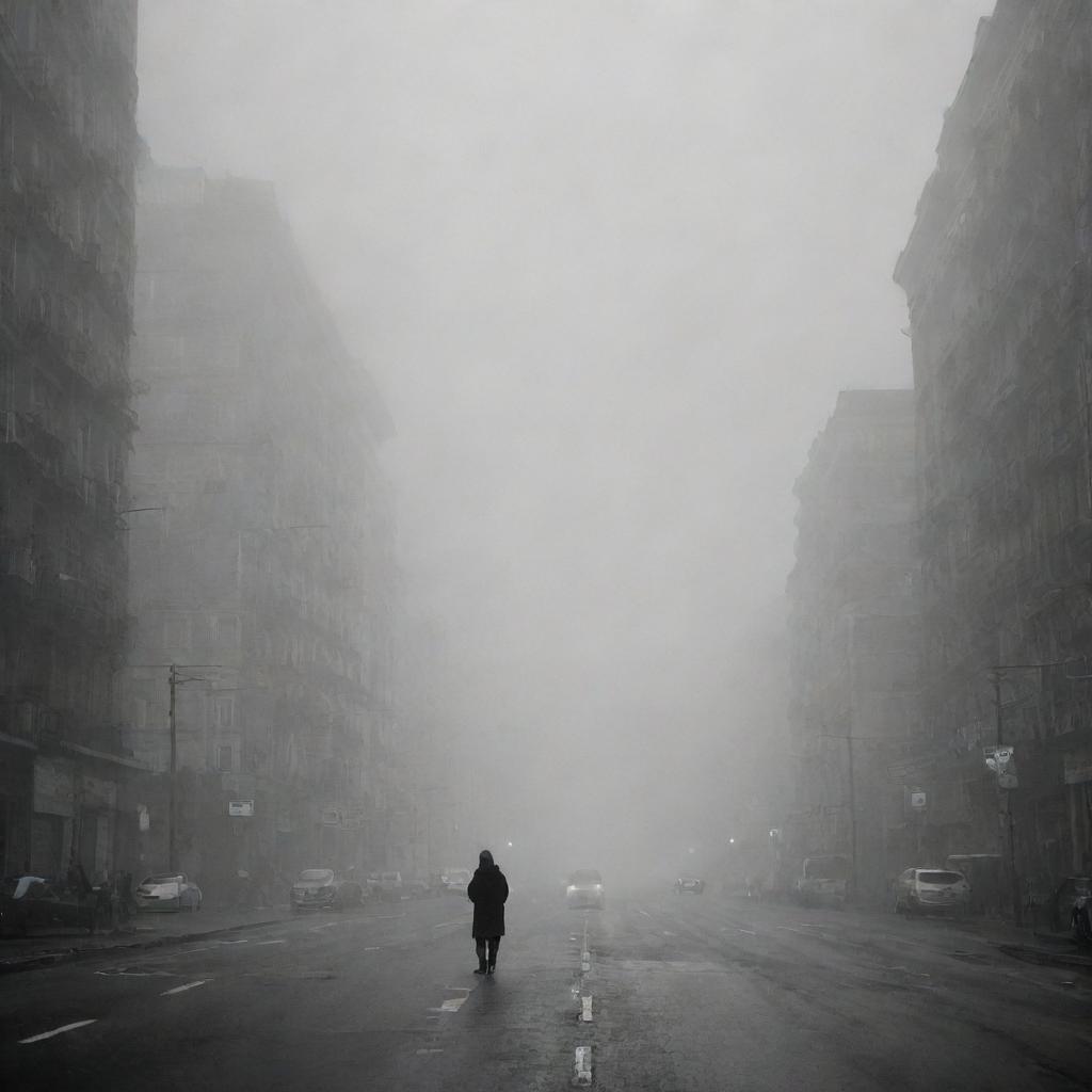 The thick fog engulfs the bustling cities, inciting fear among the populace. Streets that were once vibrant are now filled with anxious individuals looking to the fog-filled sky in dread, their expressions marked by trepidation.