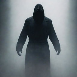 A sinister figure shrouded in darkness stands in the heavy fog. His imposing presence, visible despite the dense mist, creates an unsettling air of malevolence in the previously bustling city.