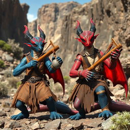 Two draconians, one blue and one red, dressed in simple leather clothing that emphasizes their rugged appearance
