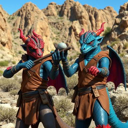 Two draconians, one blue and one red, dressed in simple leather clothing that emphasizes their rugged appearance