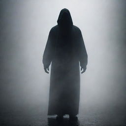 A sinister figure shrouded in darkness stands in the heavy fog. His imposing presence, visible despite the dense mist, creates an unsettling air of malevolence in the previously bustling city.