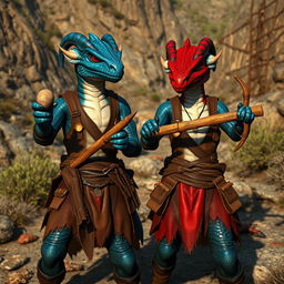 Two draconians, one blue and one red, dressed in simple leather clothing that emphasizes their rugged appearance