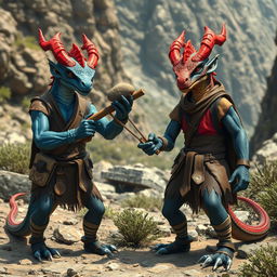 Two draconians, one blue and one red, dressed in simple leather clothing that emphasizes their rugged appearance