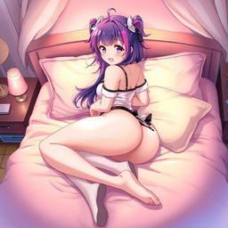 An anime character with a big butt and thighs, lounging on a plush bed