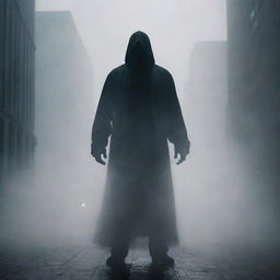 A sinister figure shrouded in darkness stands in the heavy fog. His imposing presence, visible despite the dense mist, creates an unsettling air of malevolence in the previously bustling city.