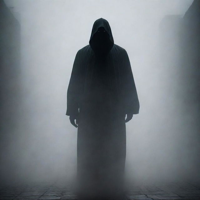 A sinister figure shrouded in darkness stands in the heavy fog. His imposing presence, visible despite the dense mist, creates an unsettling air of malevolence in the previously bustling city.