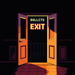 A pixel art representation of an open door with a bright balcony exit sign depicted in vivid colors