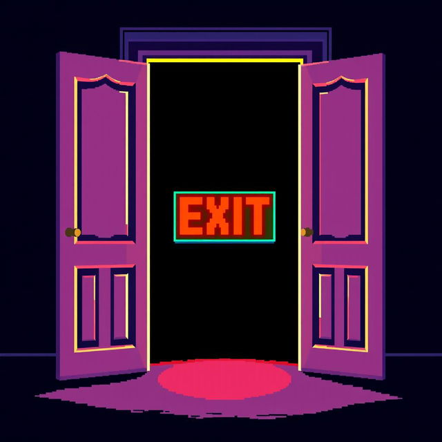 A pixel art representation of an open door with a bright balcony exit sign depicted in vivid colors