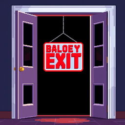 A pixel art representation of an open door with a bright balcony exit sign depicted in vivid colors