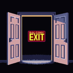 A pixel art representation of an open door with a bright balcony exit sign depicted in vivid colors