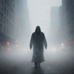 The sinister figure, standing in the heavy fog in the city, proclaims himself as a god. The unsettling proclamation reverberates through the fog-shrouded streets, adding an eerie tension to the atmosphere.