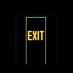 A pixel art creation of an open door with a bright balcony exit sign