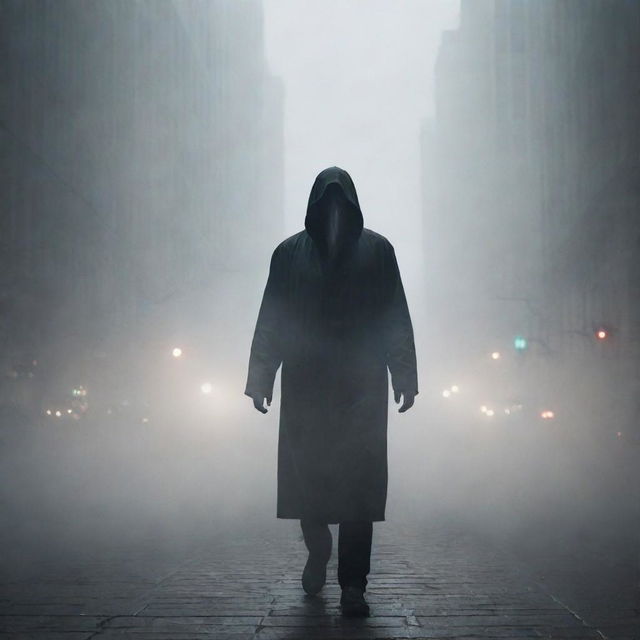 The sinister figure, standing in the heavy fog in the city, proclaims himself as a god. The unsettling proclamation reverberates through the fog-shrouded streets, adding an eerie tension to the atmosphere.