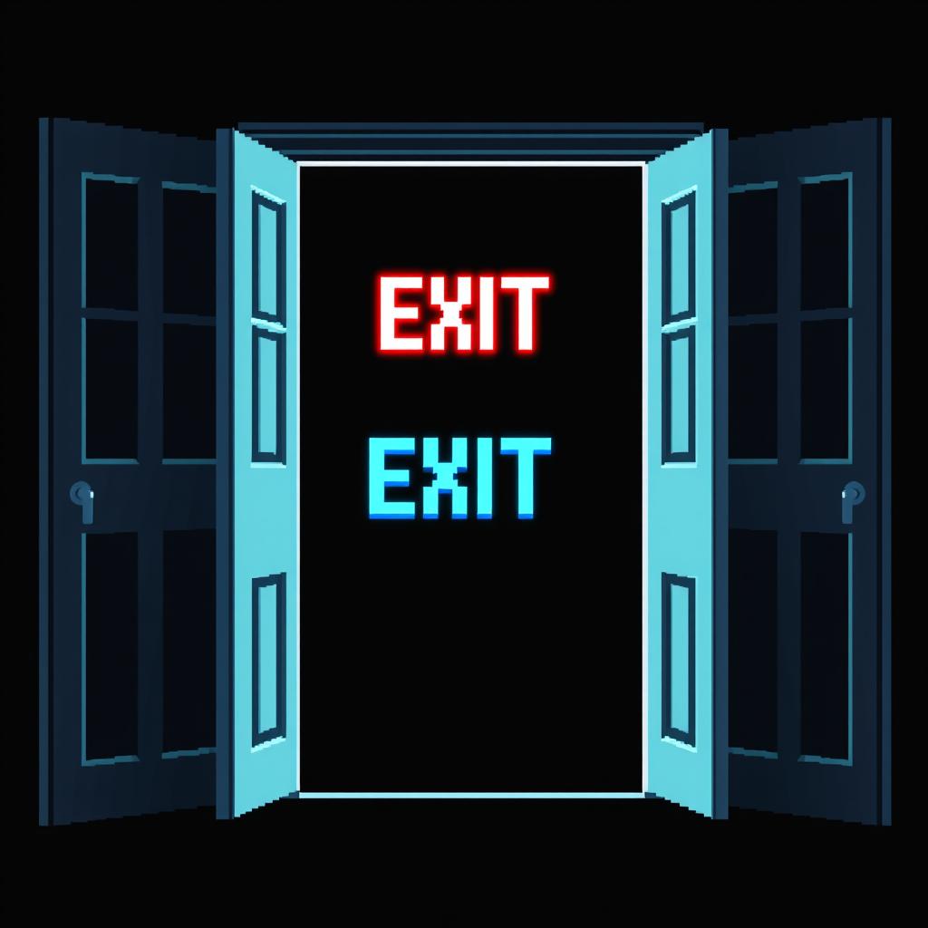 A pixel art creation of an open door with a bright balcony exit sign