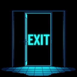 A pixel art creation of an open door with a bright balcony exit sign