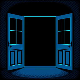 A pixel art creation of an open door with a bright balcony exit sign