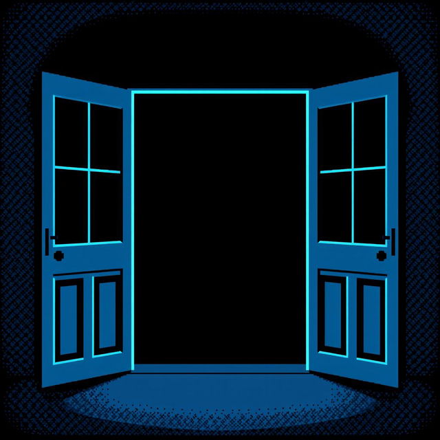 A pixel art creation of an open door with a bright balcony exit sign