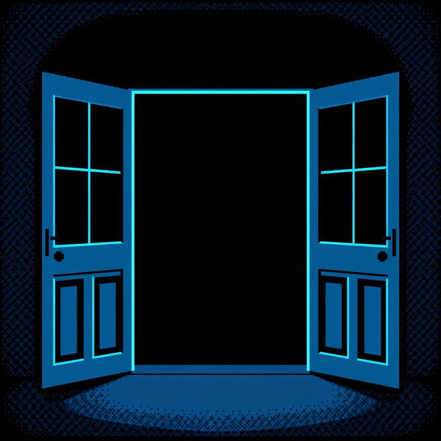 A pixel art creation of an open door with a bright balcony exit sign