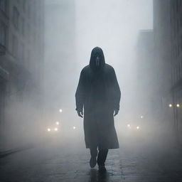 The sinister figure, standing in the heavy fog in the city, proclaims himself as a god. The unsettling proclamation reverberates through the fog-shrouded streets, adding an eerie tension to the atmosphere.