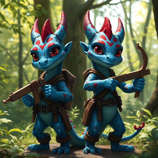 Two blue draconians adorned with striking red spots, dressed in simple, rugged leather clothing that suits their adventurous nature